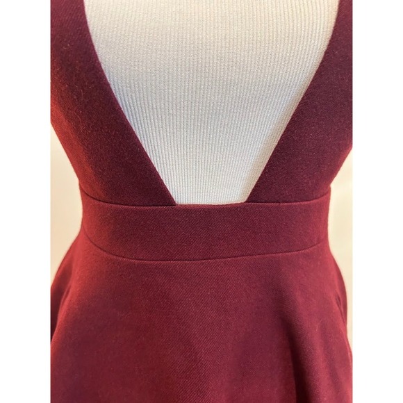 Burgundy Plunge V Neck Lace Trim Wool Dress Women's Schoolgirl Anime - Picture 3 of 9